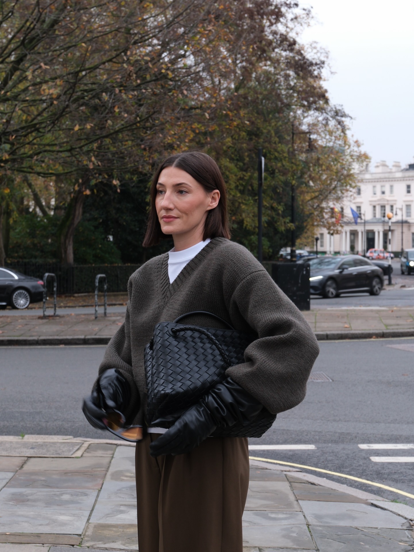 Sarah wearing Rohe's cashmere jumper.