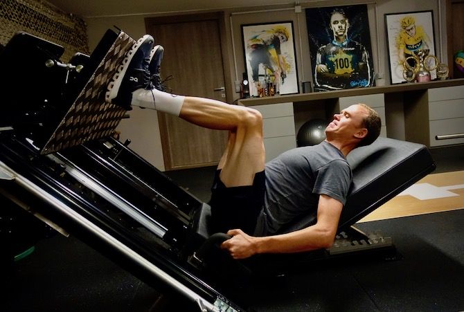 Team Ineos&rsquo; Chris Froome gets in some leg presses in readiness to attempt a fifth Tour de France victory