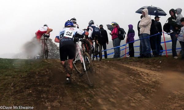 Racers in the rain, mist, and fog