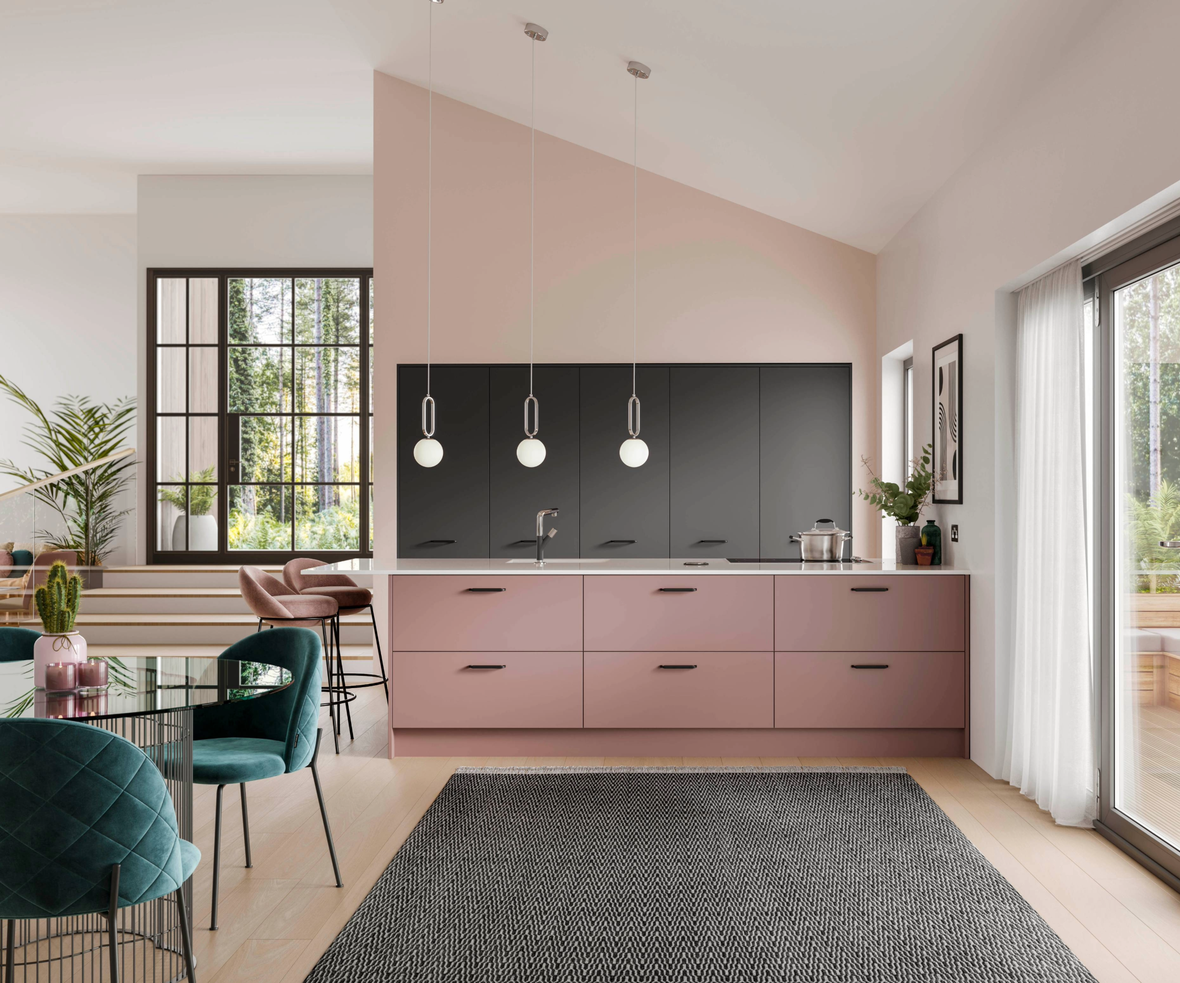 Kitchen with pink walls and cabinets, and grey cabinets, rug and window trims
