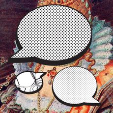 An illustrations of Queen Elizabeth the first with speech bubbles obscuring her face