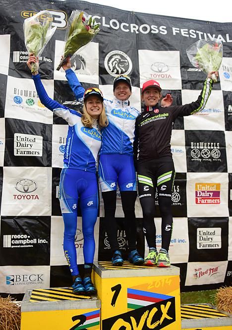 Elite Women&rsquo;s podium (L to R) Maghalie Rochette (Luna Pro Team) 2nd, Katerina Nash (Luna Pro Team) 1srt, Kaitie Antonneau (Cannondale/Cyclocrossworld.com) 3rd.