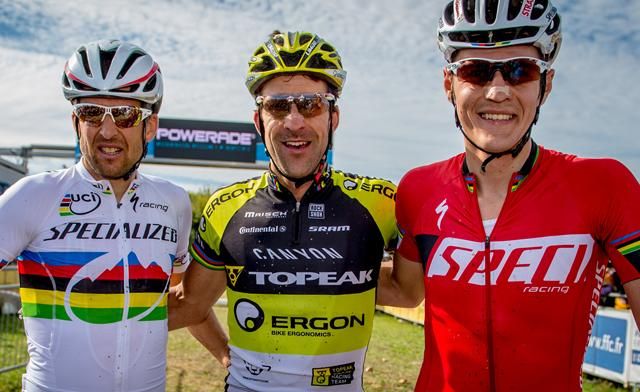 Roc d'Azur marathon podium: Christoph Sauser, Alban Lakata, Jaroslav Kulhavy