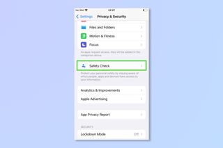 The iPhone privacy and security menu with safety check highlighted