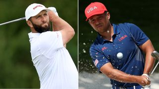 Jon Rahm and Xander Schauffele hit golf shots