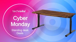 Cyber Monday text next to a standing desk
