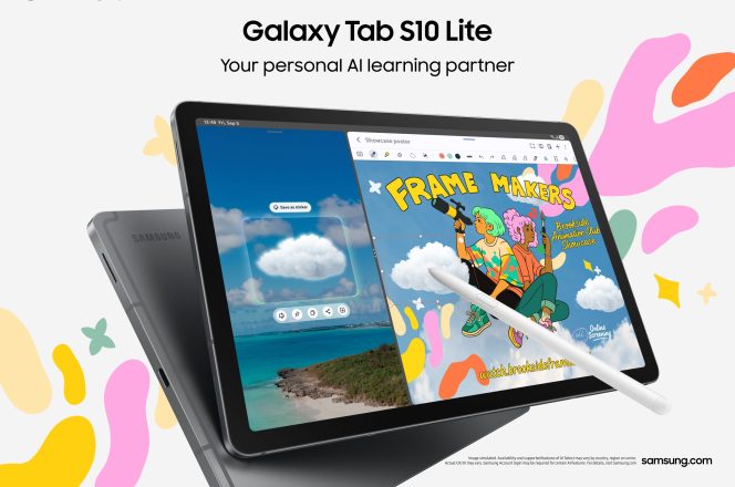 The Samsung Galaxy Tab S10 Lite promo material, displaying the device in gray with a white S Pen.
