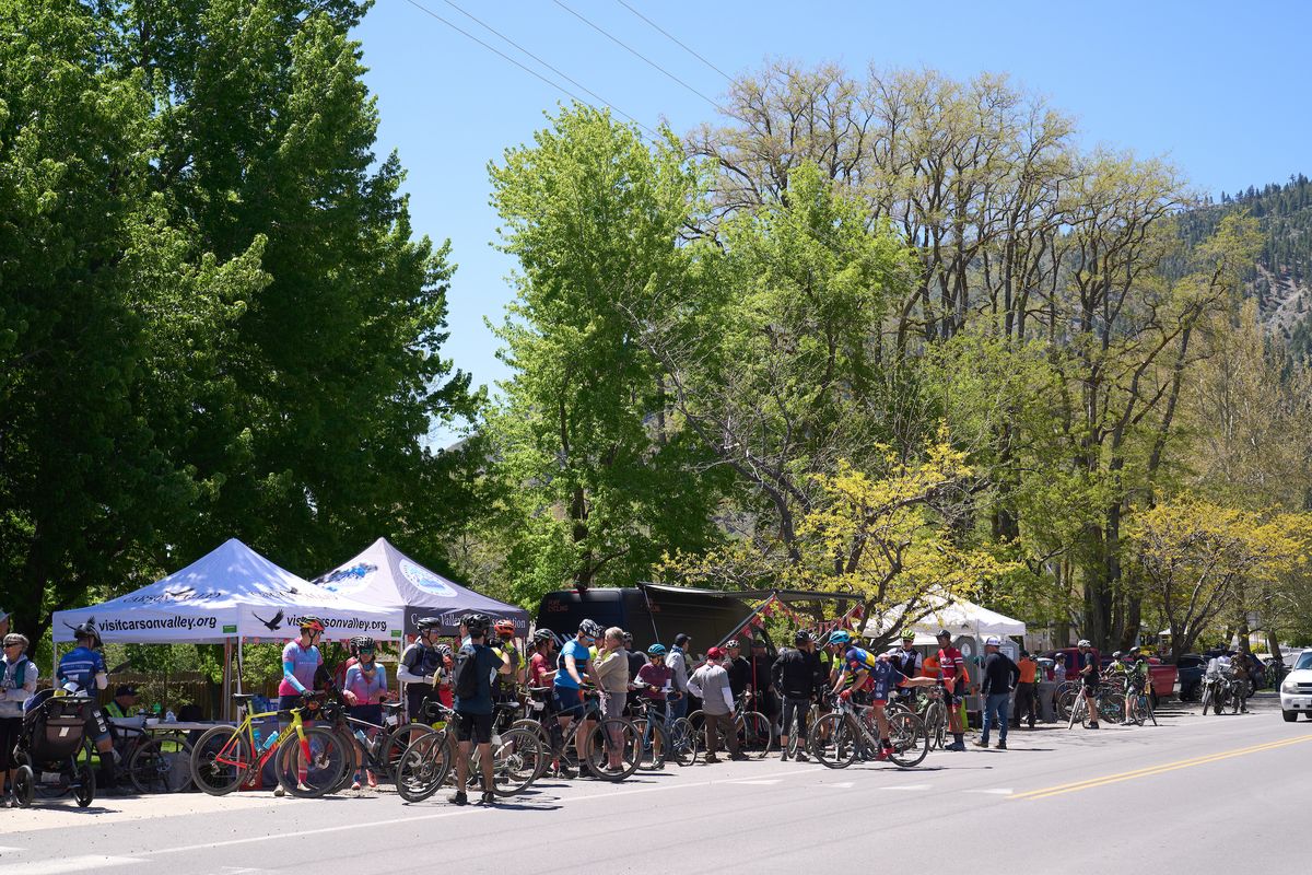 Aid station in Genoa, Nevada's first settlement during the 2022 Stetina's Paydirt gravel race