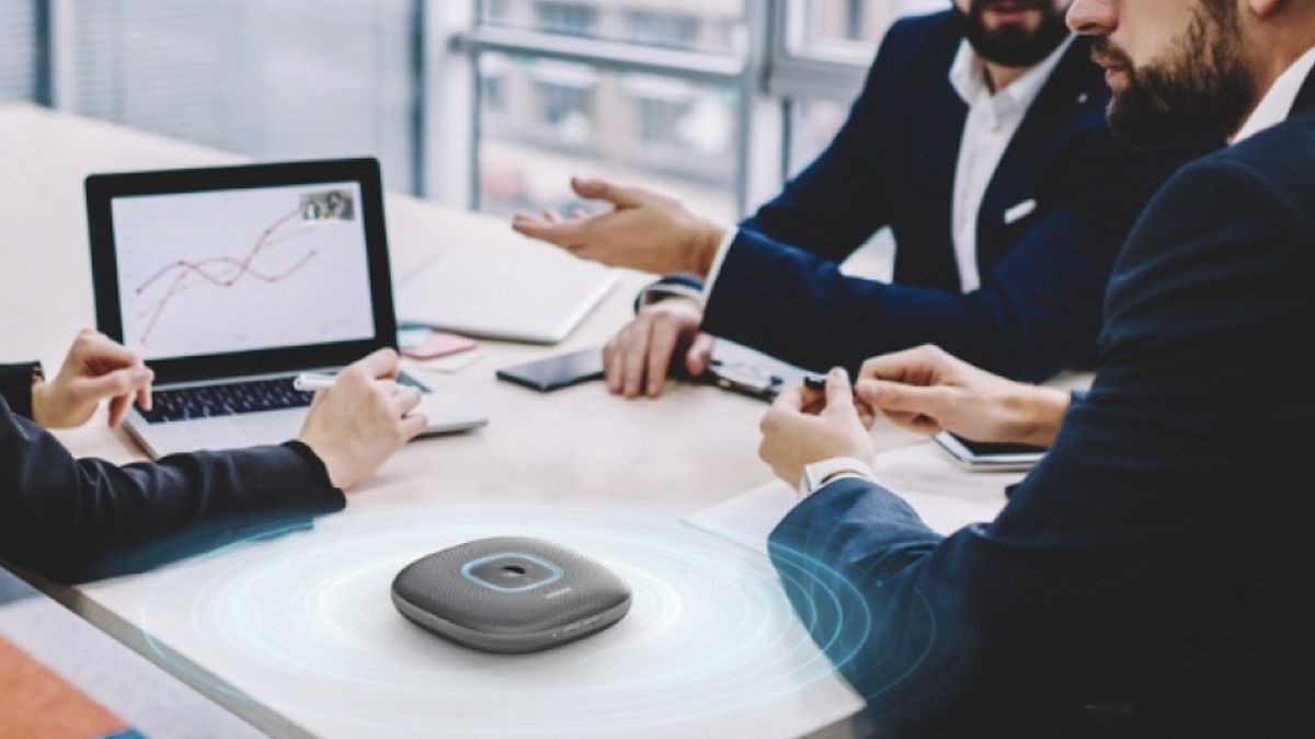 Anker PowerConf being used for a conference call in an office setting