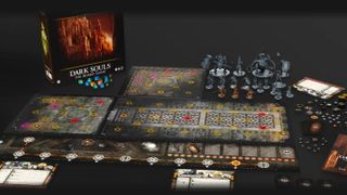 An product image for Dark Souls: The Board Game - The Sunless City, showing the board, miniatures, cards, dice and box. 