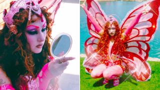 Photos of Chappell Roan posing in her pink butterfly costume and makeup at Coachella.