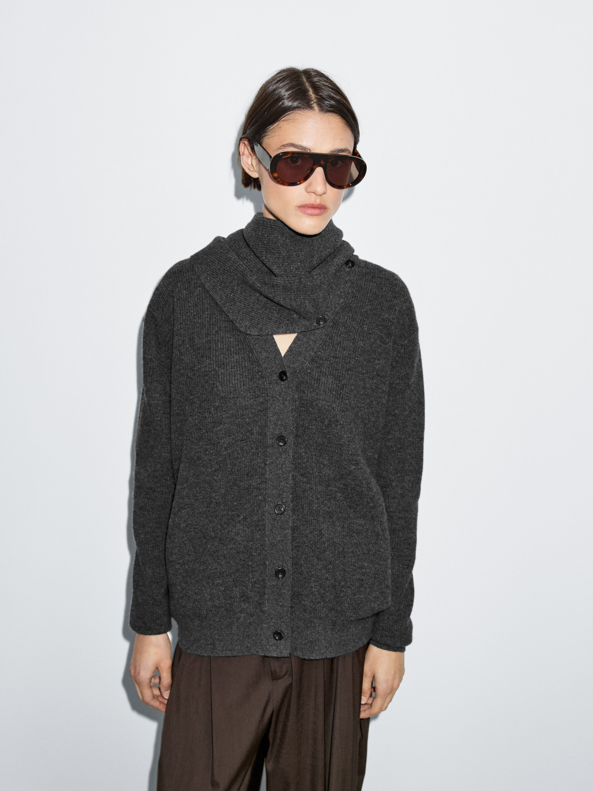 100% Wool Knit Cardigan With Scarf Detail