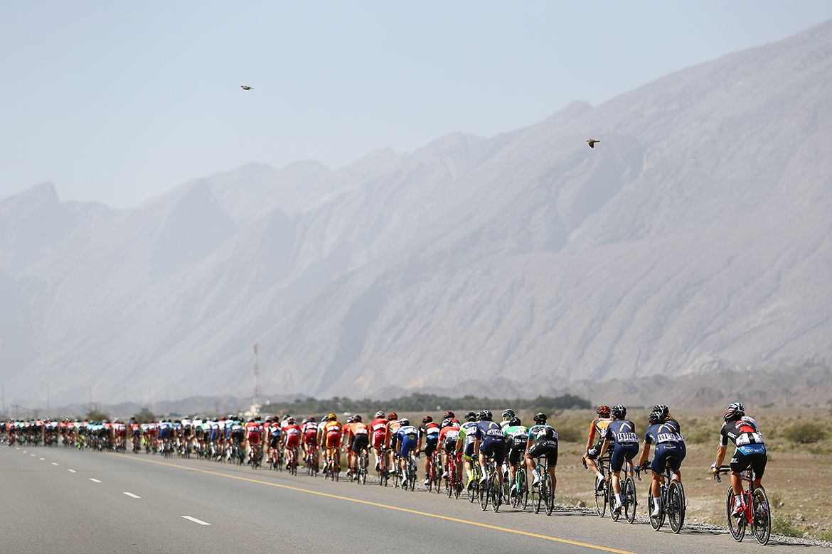 The peloton is lined out on the valley road