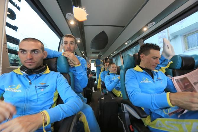 The Astana team of race leader Vincenzo Nibali on the bus