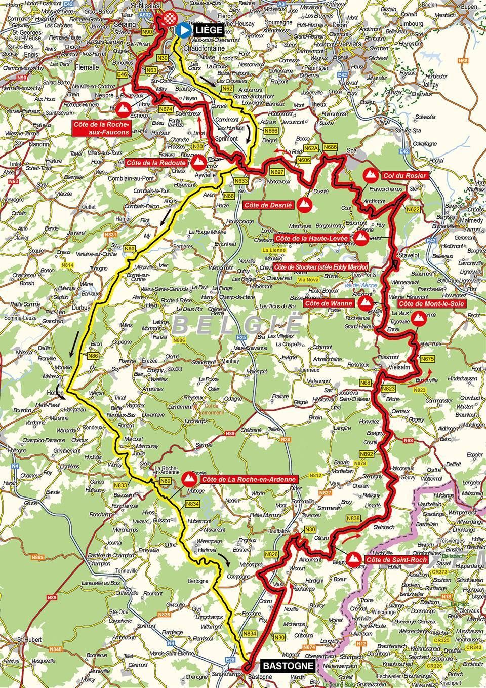 Route map for 2022 Li&egrave;ge-Bastogne-Li&egrave;ge