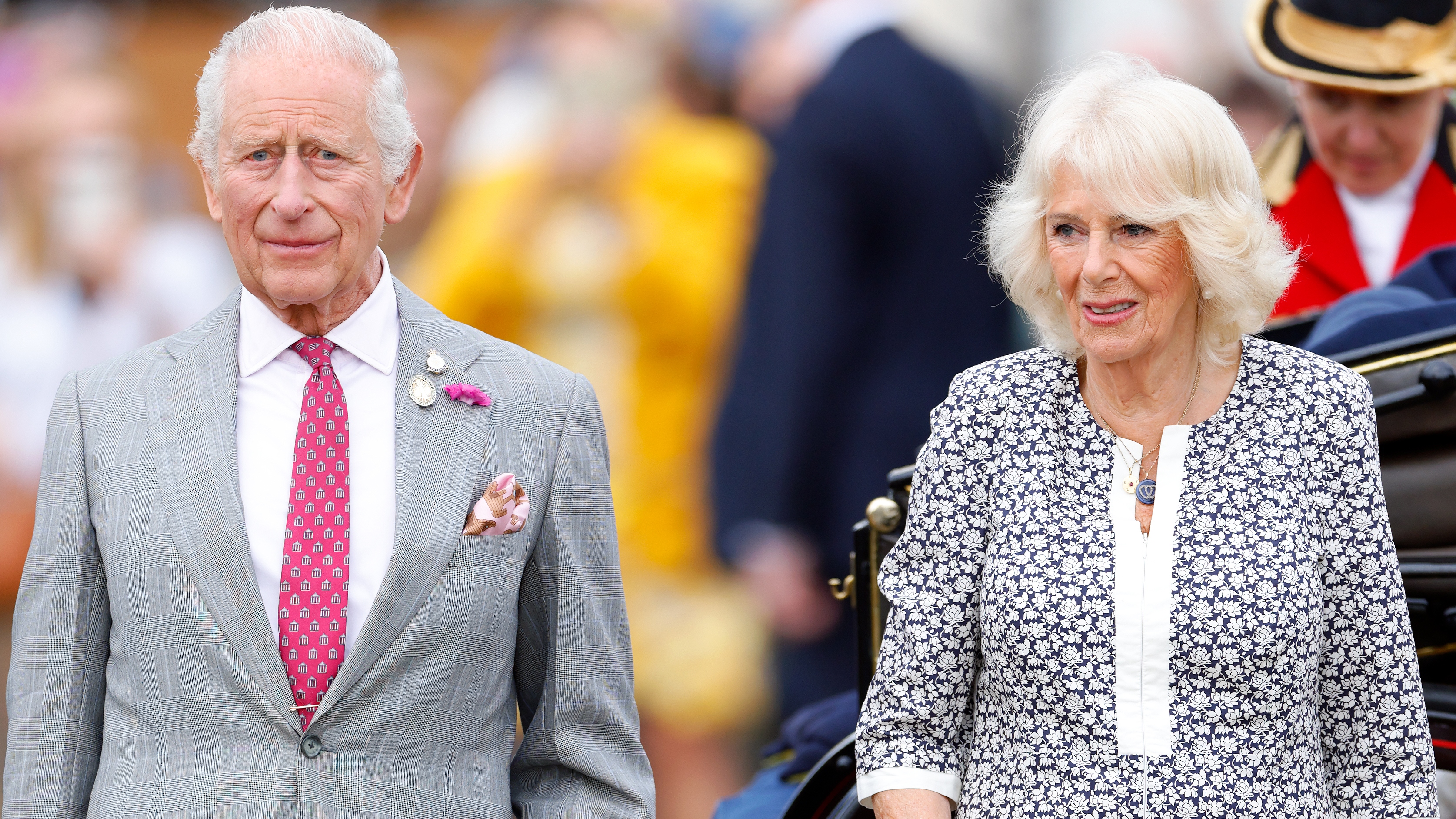 King Charles III and Queen Camilla arrive for a visit to the Sandringham Flower Show 2025 at Sandringham House on July 23, 2025