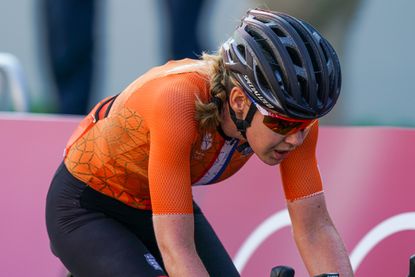 Anna van der Breggen riding the road race at Tokyo 2020 Olympics