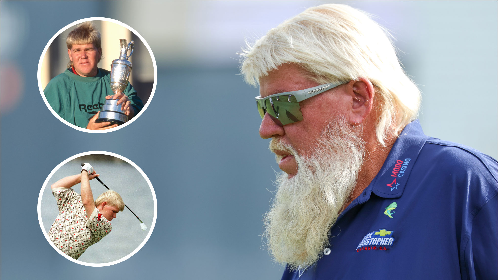 An image of John Daly looking pensive with insets of him winning the 1995 Open and his trademark long backswing
