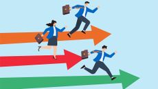 Three business people running in a race holding briefcases with orange, red, and green arrows pointing to the right. 