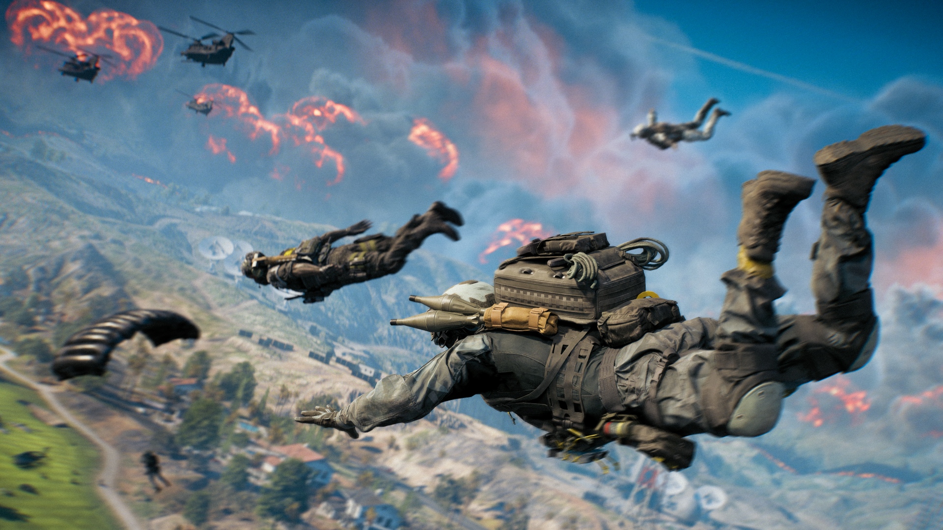 Players dropping into Battlefield Redsec in front of the circle of fire