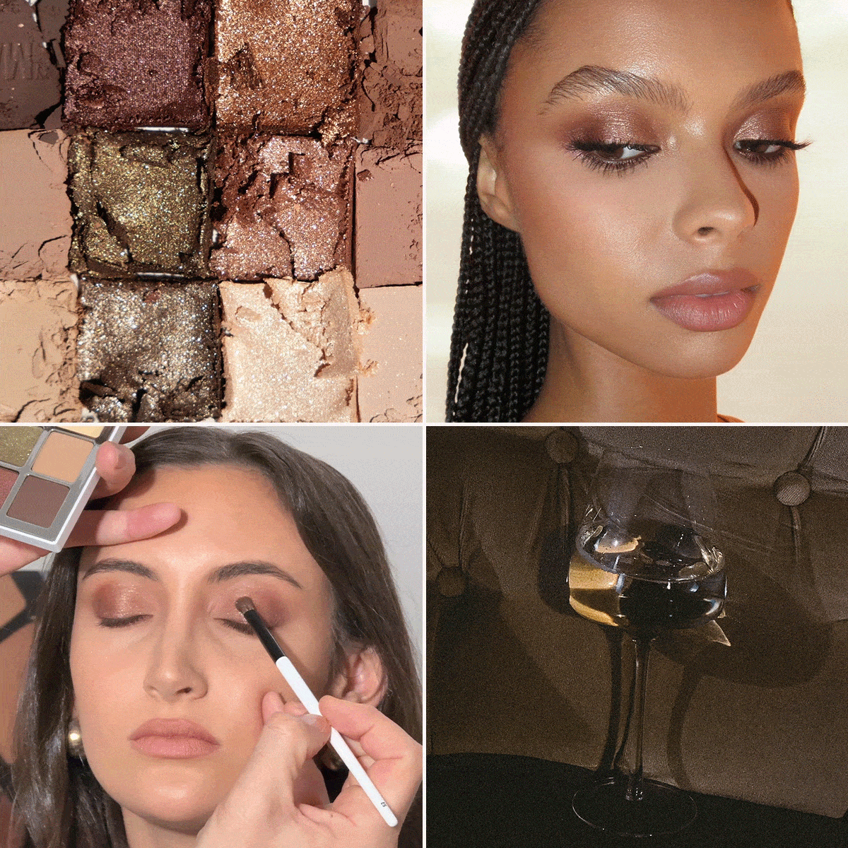 A holiday-inspired collage of aesthetic photos, makeup inspiration, and clips of Who What Wear associate beauty editor Alyssa Brascia getting her makeup done by Makeup by Mario founder Mario Dedivanovic. 