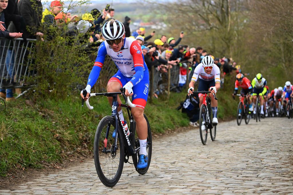 OUDENAARDE BELGIUM APRIL 03 Valentin Madouas of France and Team Groupama FDJ competes at Kortekeer during the 106th Ronde van Vlaanderen Tour des Flandres 2022 Mens Elite a 2725km one day race from Antwerp to Oudenaarde RVV22 WorldTour on April 03 2022 in Oudenaarde Belgium Photo by Tim de WaeleGetty Images