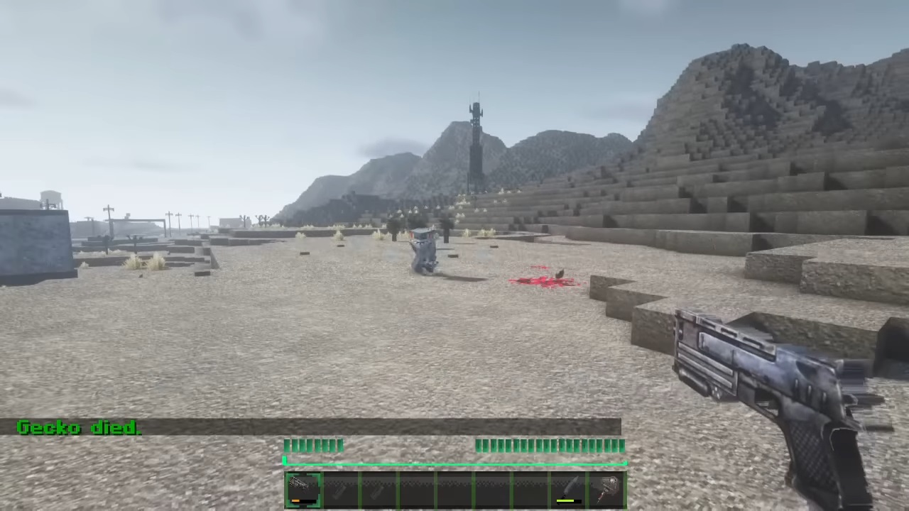 firing at a low poly gecko in a salt flat in Minecraft New Vegas