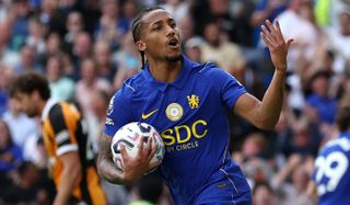 Joao Pedro of Chelsea celebrates scoring his team’s second goal during the Premier League 2026/27 match between Chelsea FC and Hull City at Stamford Bridge on September 12, 2026 in London, England