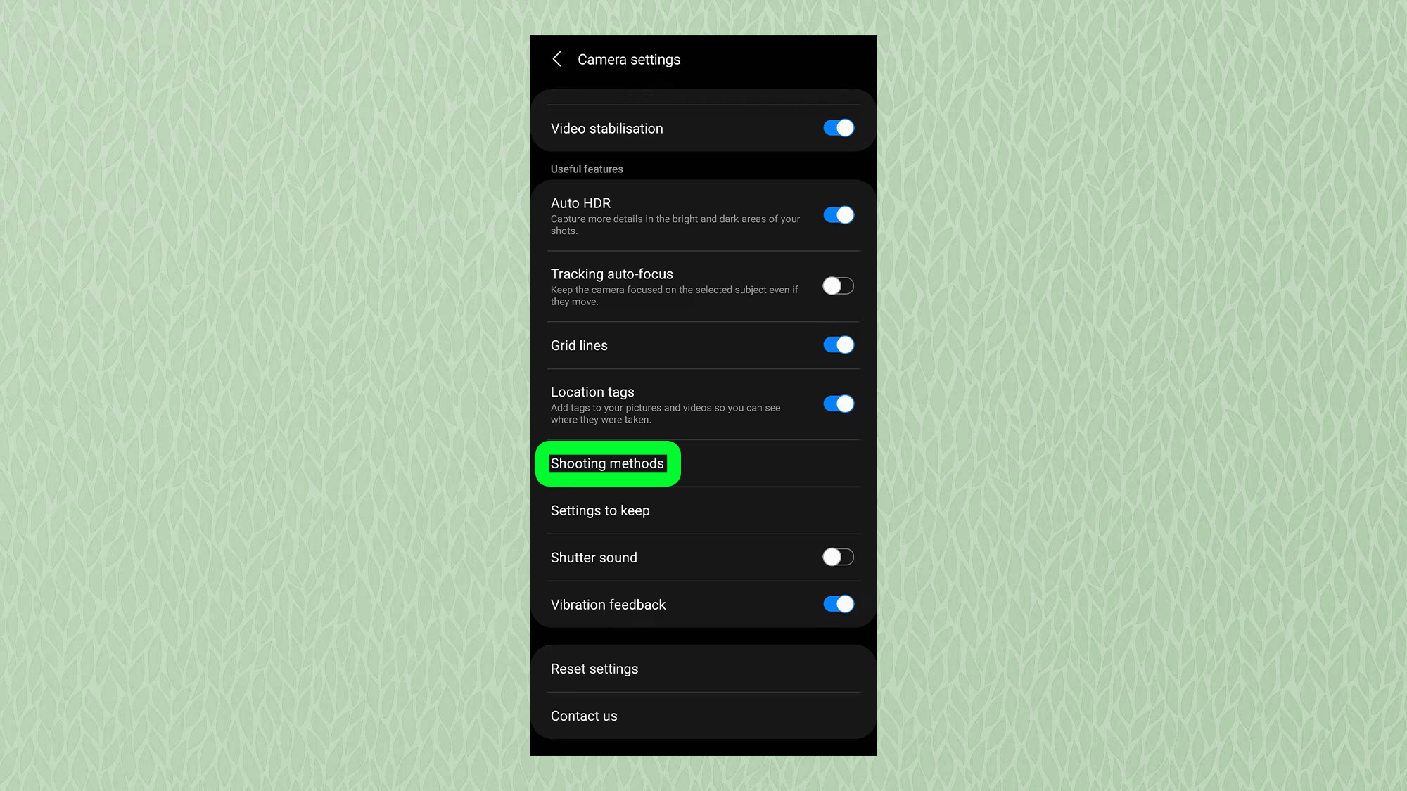 Снимок экрана из меню настроек приложения камеры Samsung, на котором выделен параметр «Методы съемки».