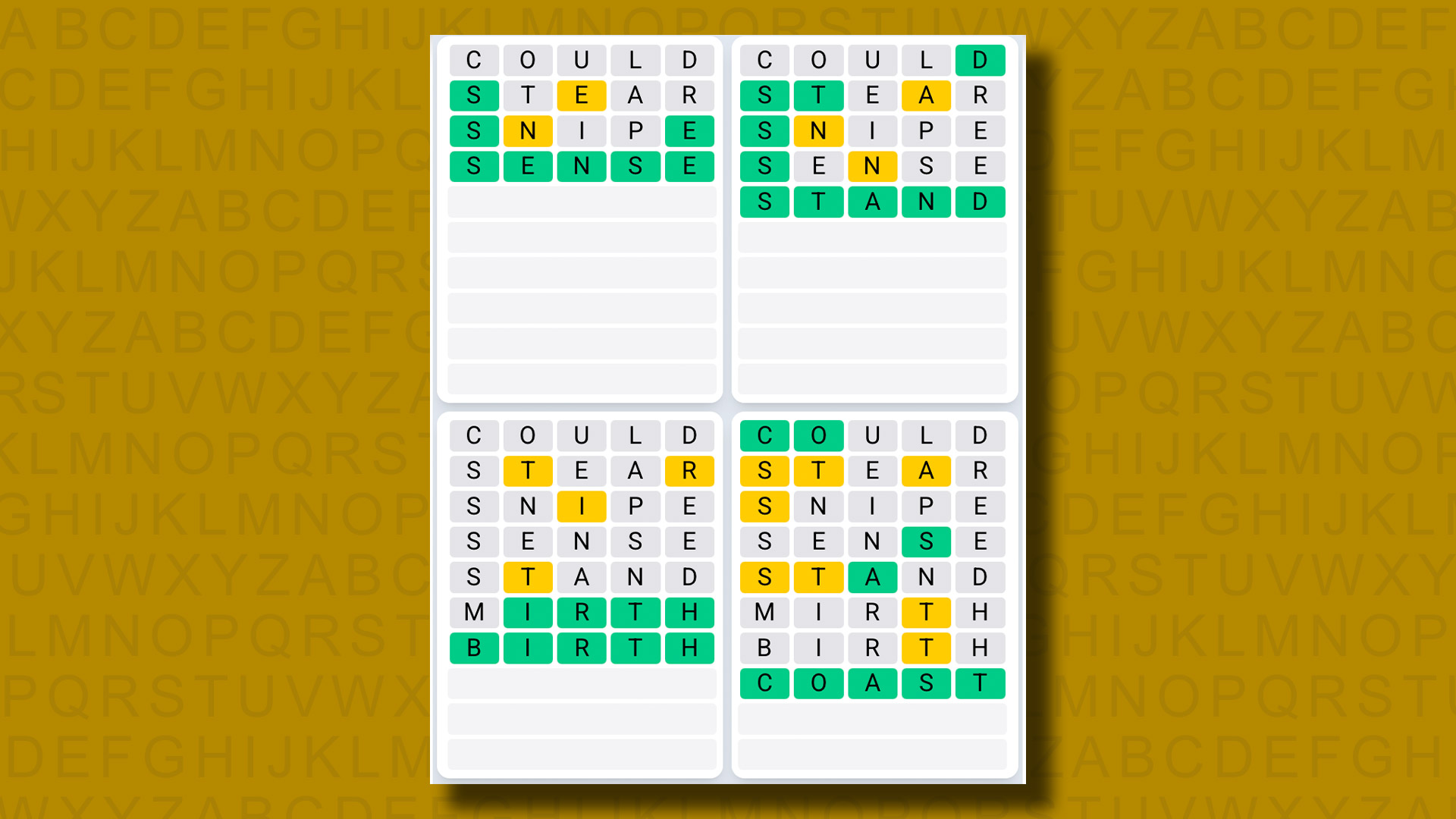 Quordle Daily Sequence answers for game 1272 on a yellow background
