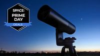 The Unistellar eQuinox 2 pointing to the left with a starry sunset in the background and a black Space.com Prime Day deals badge in the upper left corner. 