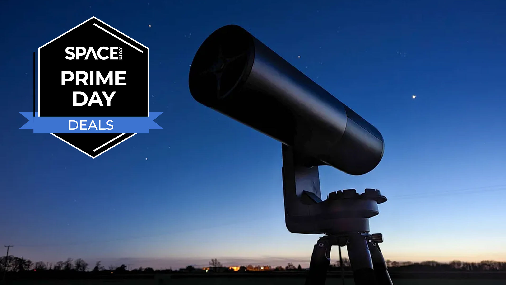 The Unistellar eQuinox 2 pointing to the left with a starry sunset in the background and a black Space.com Prime Day deals badge in the upper left corner. 
