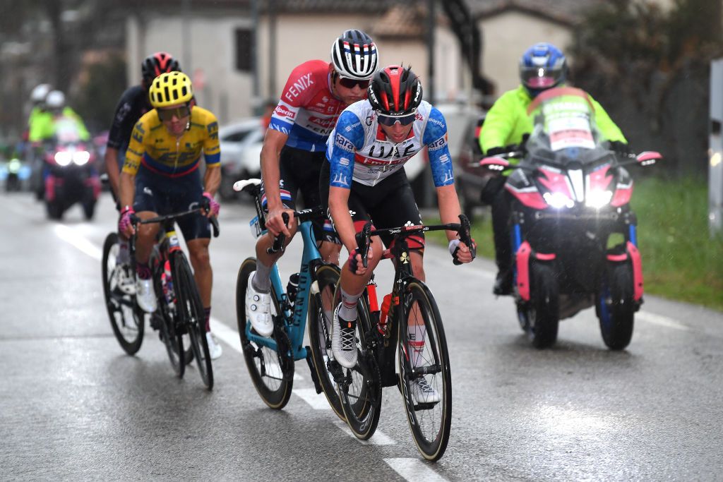 CASTELFIDARDO ITALY MARCH 14 Sergio Andres Higuita Garcia of Colombia and Team EF Education Nippo Mathieu Van Der Poel of Netherlands and Team AlpecinFenix Tadej Pogacar of Slovenia and UAE Team Emirates Blue Leader Jersey during the 56th TirrenoAdriatico 2021 Stage 5 a 205km stage from Castellalto to Castelfidardo 175m Breakaway Rain TirrenoAdriatico on March 14 2021 in Castelfidardo Italy Photo by Tim de WaeleGetty Images