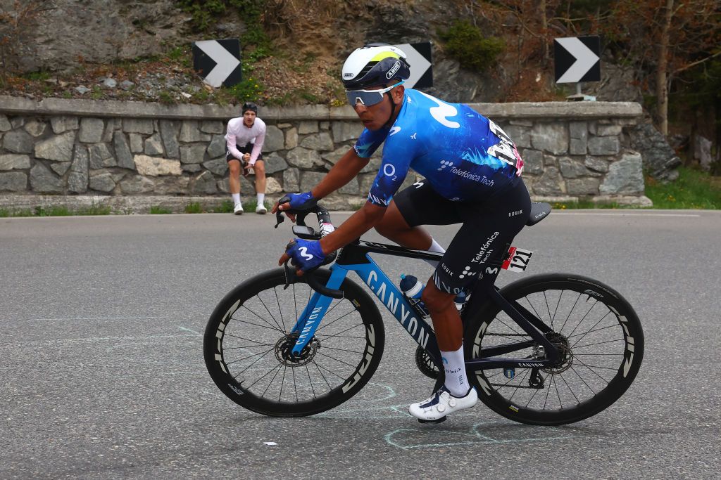 Team Movistar's Colombian rider Nairo Quintana rides during the 15th stage of the 107th Giro d'Italia cycling race, 222km between Manerba del Garda and Mottolino on May 19, 2024. (Photo by Luca Bettini / AFP)