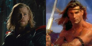 Chris Hemsworth in Thor and Fabio on a fantasy book cover, side by side.