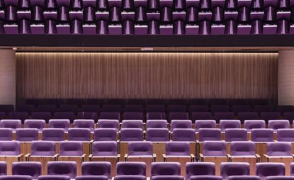 geometric purple seating in sao paulo teatro vivo, cinema architecture by Greg Bousquet 