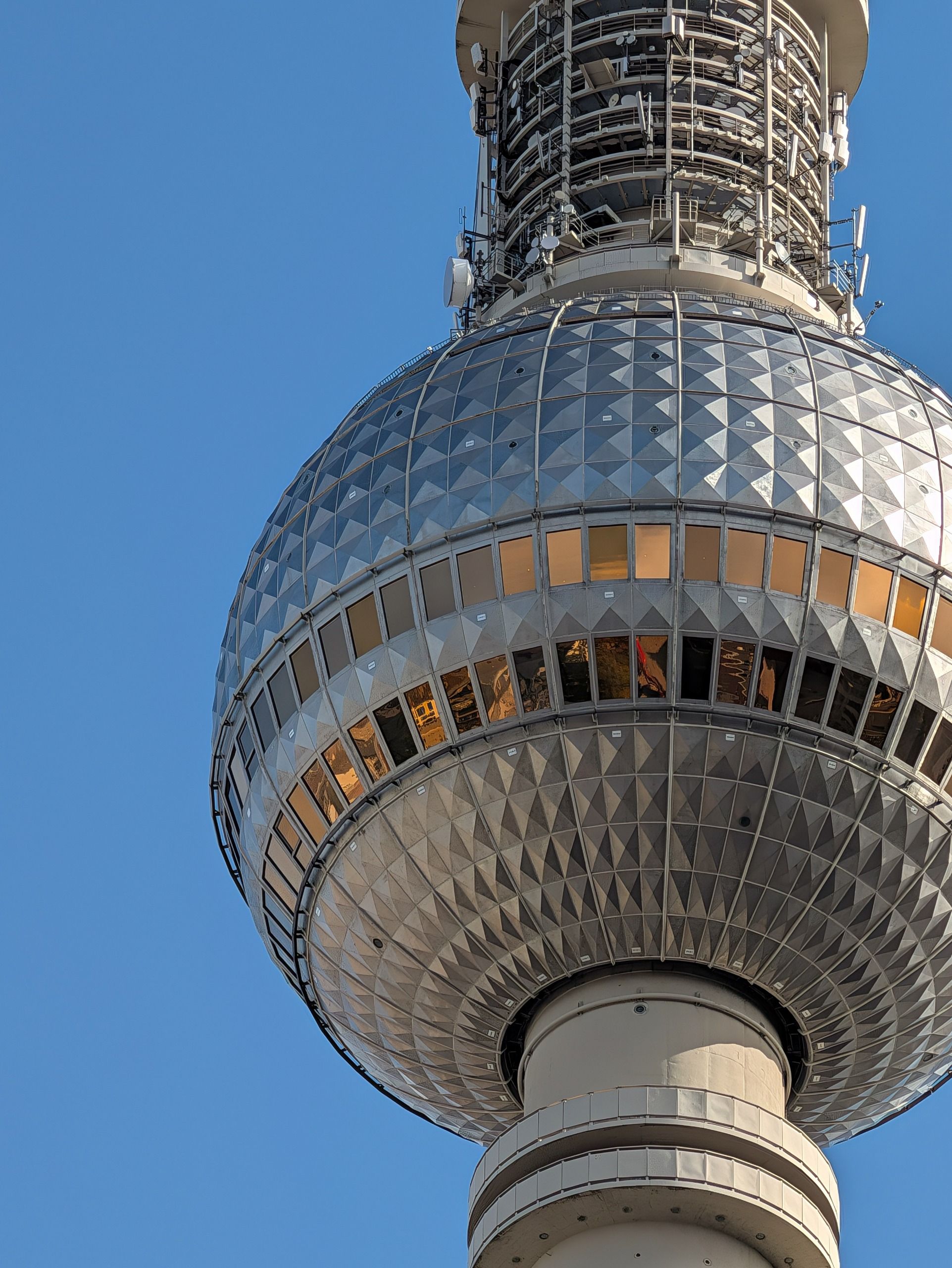 Close-up of the metallic observation sphere and communications equipment on Berlin&rsquo;s TV Tower.