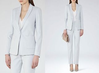 Model wearing Harlow Textured Mint Suit Set by Reiss