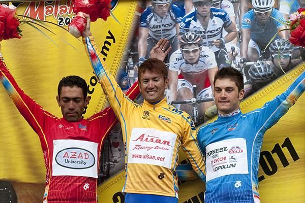 Jersey leaders (l-r): Rahim Emami (KOM,Azad University Cycling Team), Takeaki Ayabe (Tour leader,Aisan Racing Team) and Andrea Guardini (Sprints, Farnese Vini/Neri Sottoli).