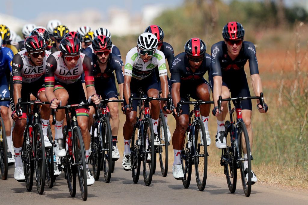 LA MANGA SPAIN AUGUST 21 LR Juan Sebastin Molano Benavides of Colombia and UAE Team Emirates Adam Yates of United Kingdom and Team INEOS Grenadiers Egan Arley Bernal Gomez of Colombia and Team INEOS Grenadiers white best young jersey compete during the 76th Tour of Spain 2021 Stage 8 a 1737 km stage from Santa Pola to La Manga del Mar Menor lavuelta LaVuelta21 on August 21 2021 in La Manga Spain Photo by Gonzalo Arroyo MorenoGetty Images