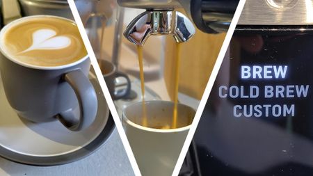 Split image of latte made using Breville coffee maker, Breville coffee maker dispensing espresso, and brew settings on Breville coffee maker