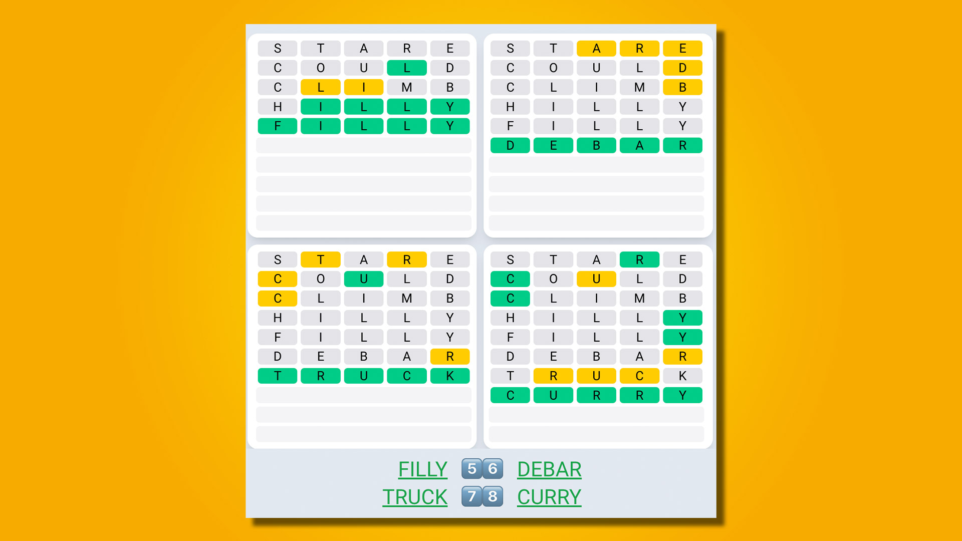 Quordle Daily Sequence отвечает на игру 472 на желтом фоне