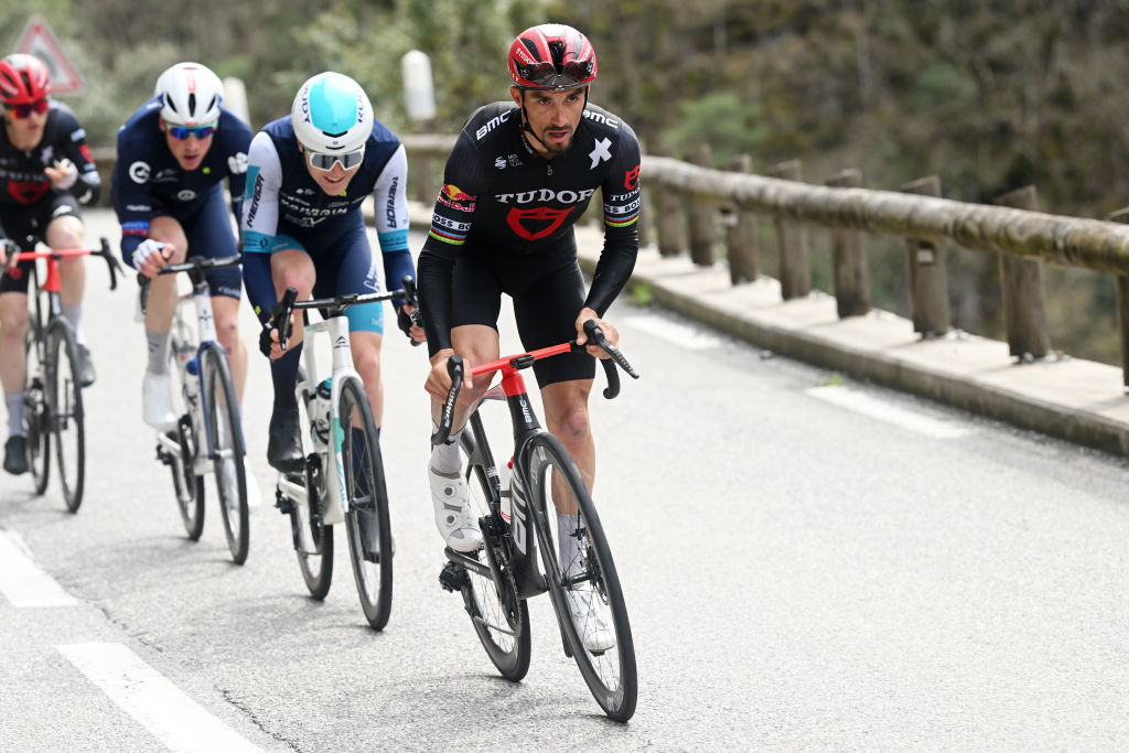 AURON FRANCE MARCH 15 Julian Alaphilippe of France and Tudor Pro Cycling Team competes in the breakaway during the 83rd Paris Nice 2025 Stage 7 a 1093km stage from Nice to Auron 1603m UCIWT on March 15 2025 in Auron France Photo by Dario BelingheriGetty Images