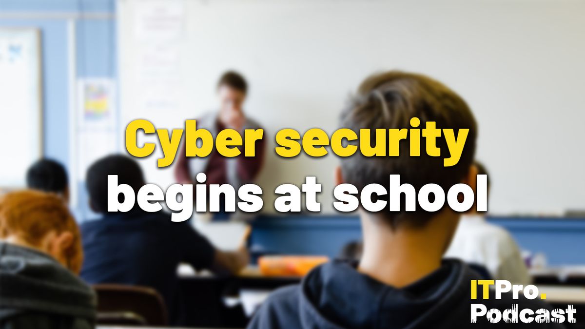 The words ‘Cyber security begins at school’ with ‘Cyber security’ highlighted in yellow and the other words in white, against a lightly blurred shot of the back of children’s heads in a classroom. A teacher is visible at the front, standing in front of a whiteboard.