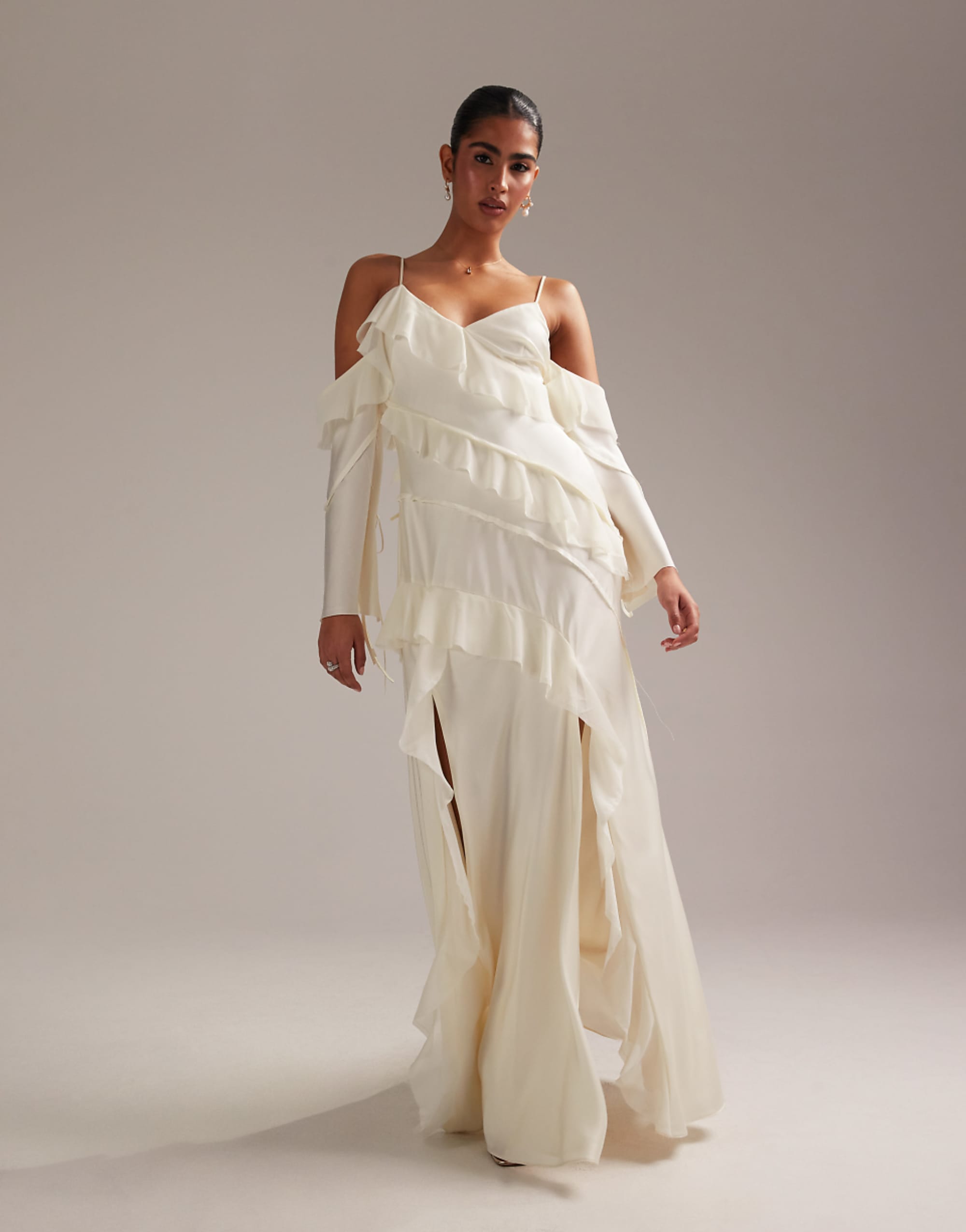 Asos Design Satin Chiffon Mix Ruffle Cold Shoulder Maxi Dress in Ivory