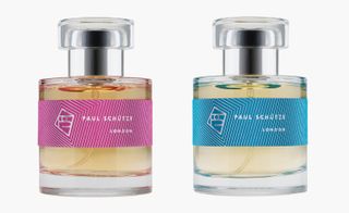 A bottle of Paul Schütze's new fragrance, Cuadra, on the left and Villa M on the right