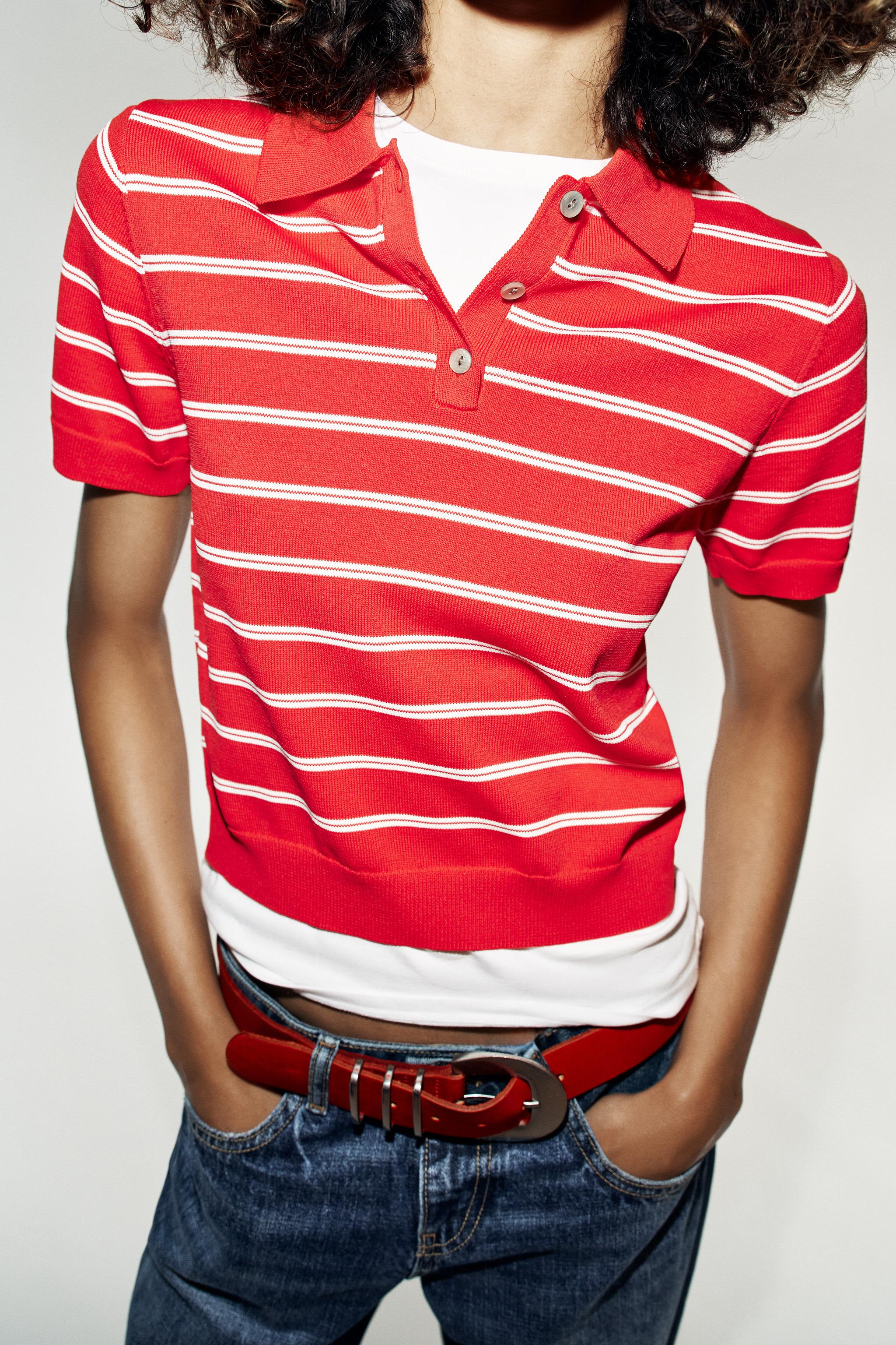 Striped Short Sleeve Knit Polo Shirt - Red - S