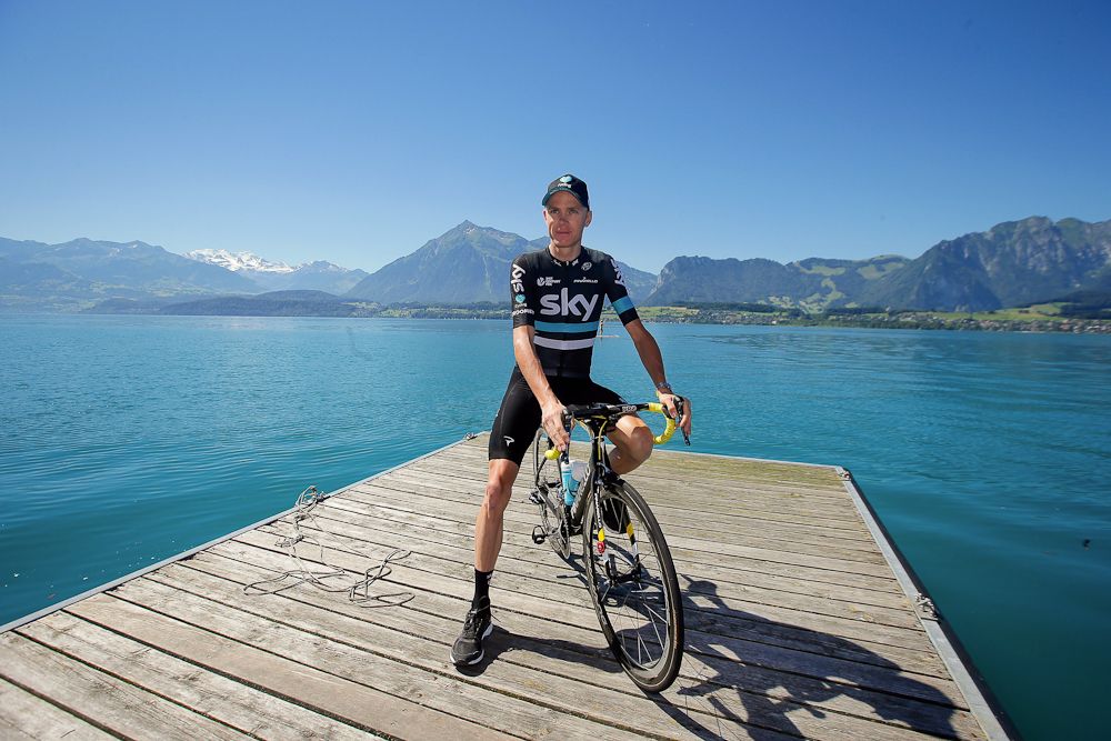 Chris Froome poses with his Pinarello during the Tour's second rest day.