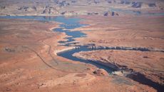 A record-low snowpack across the Colorado River Basin is intensifying concerns at Lake Powell, where water levels remain low on April 30, 2026, near Page, Arizona.