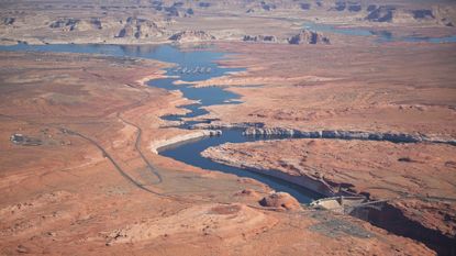 A record-low snowpack across the Colorado River Basin is intensifying concerns at Lake Powell, where water levels remain low on April 30, 2026, near Page, Arizona.
